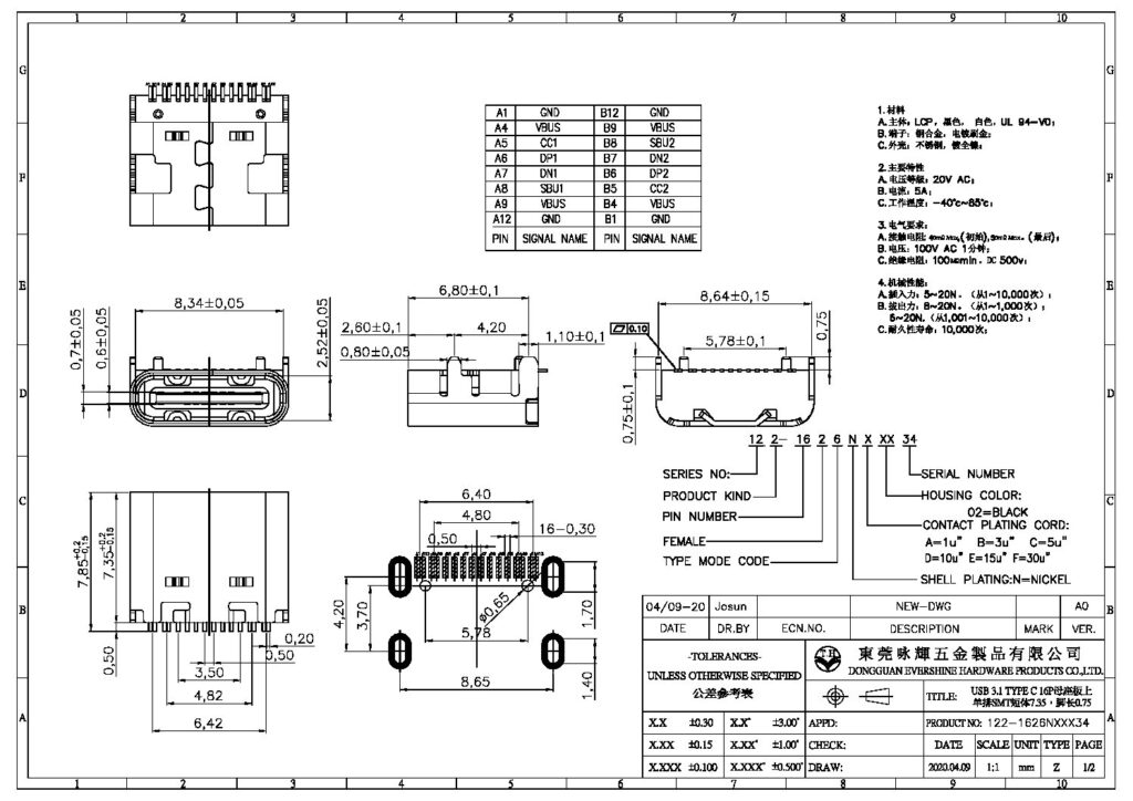 122-1626NA0234 TYPE C 16PIN FM SMT SHORT BODY 7.35mm UNDER PCB0.75mm