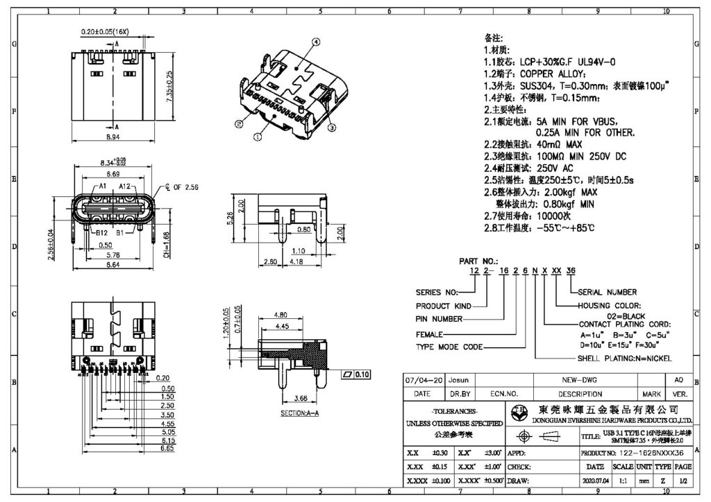 122-1626NA0236 TYPE C 16PIN FM SMT SHORT BODY 7.35mm UNDER PCB2.0mm 